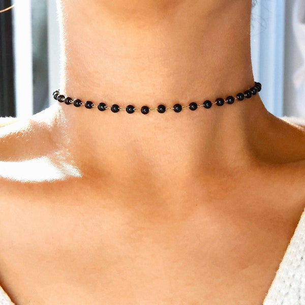 elegant black bead choker / black stone choker / dainty black bead choker / dainty black choker / dainty black faux crystal choker / gift