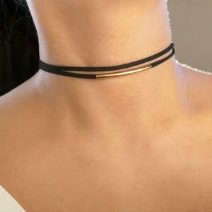 silver or gold bar suede choker / black leather choker / black velvet choker/black suede choker / classy choker / double black choker image 7