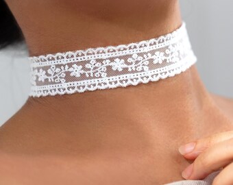 Embroidered White Lace Chokers: Intricate Detailed Floral Trim Cotton Mesh Choker, White or Khaki Beige