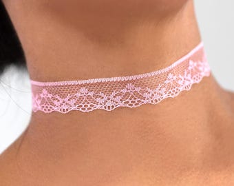 Pink Floral Lace Choker: Elegant Sheer Flower Mesh Chokers in Various Colors