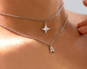 Initial & North Star Necklace: Layered Personalized CZ Rhinestone Diamond Letter Intricate 3D Polaris Star Necklaces