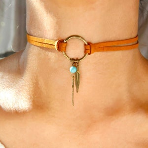 brown suede turquoise choker, dreamcatcher choker beige indie boho style chokers, brown o ring bohemian suede choker, festival jewelry gift