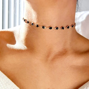 elegant black rhinestone choker necklace, dainty black gem stone crystal chokers, classy unique station gift for her jewelry, romantic chain