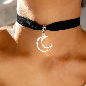 velvet crescent moon choker, celestial choker black, black choker moon charm, anime moon choker, leather choker moon, black moon choker gift