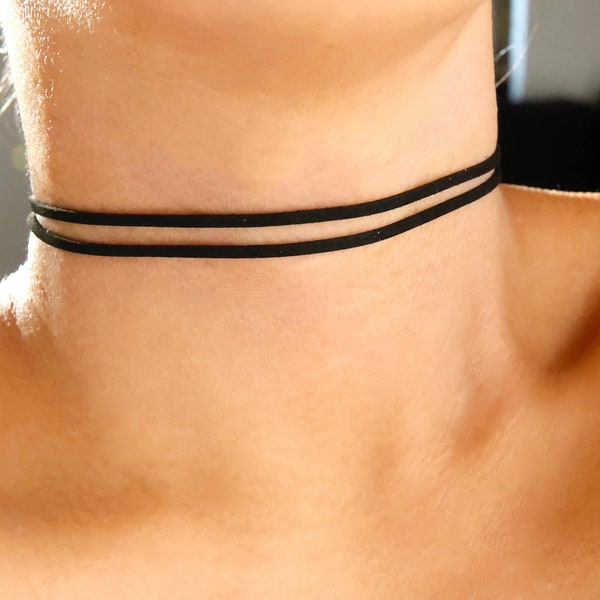 double dainty suede choker / thin black suede choker / thin black velvet choker / double black choker thin / thin black choker suede / gift