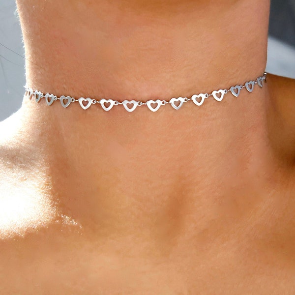 stainless steel hearts silver choker / repeating heart silver choker / dainty silver heart choker / tiny silver hearts choker / cute heart