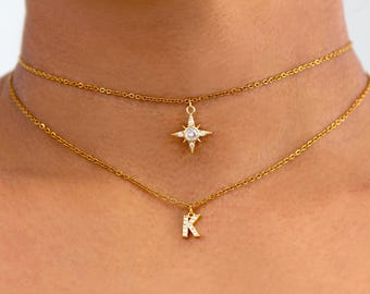 Initial & North Star Necklace: Layered Personalized CZ Rhinestone Diamond Letter Intricate 3D Polaris Star Necklaces