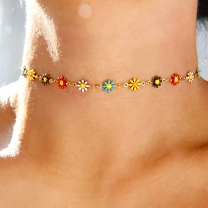 multi-color daisy chokers, dainty thin rainbow flower choker, cute station white yellow blue floral jewelry, daisies necklace group gift