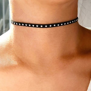 Black Studded Choker: Dainty Suede Chokers with Gold or Silver Round Rivet Studs