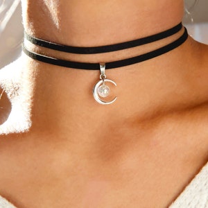 double suede moon choker, crescent moon charm black choker, layered double black suede choker, celestial jewelry gift for her, gothic trendy