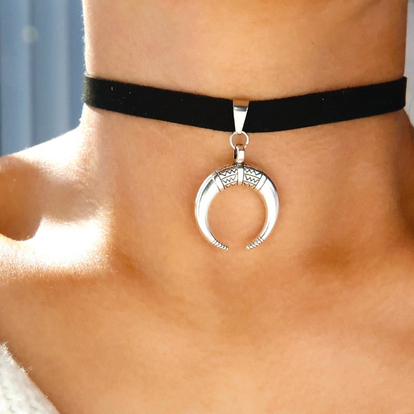 reversed crescent moon choker / black velvet choker moon charm / upside down moon choker /