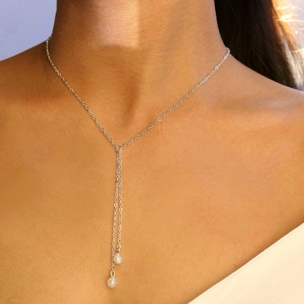 dainty opalite beads necklace / dainty silver lariat necklace / y necklace /dangle necklace/dainty stone necklace/bridesmaid