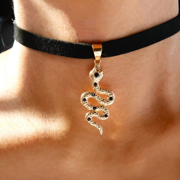 ethereal snake charm choker / black suede choker snake pendant / black velvet choker snake charm / serpent pendant choker / snake jewelry