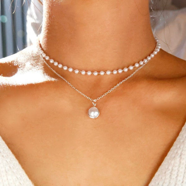 Perlen-Halsketten-Set / goldene Perlenkette geschichtet / silberne Perlenkette geschichtet / Brautjungfern-Perlenkette / Brautjungfern-Perle