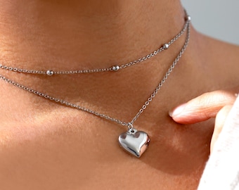 Silver Layered Heart Necklaces: Stainless Steel Satellite Chain Double Layer Puffy Heart Choker Necklace
