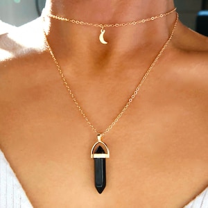 2 COLORS, black bullet crystal layered necklace / black crystal moon necklace / black crystal pendant / black stone necklace / black jewelry