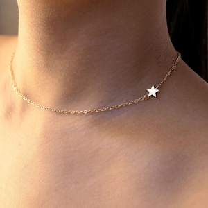 dainty side star choker gold, delicate elegant unique simple asymmetry asymmetrical star charm necklace, celestial jewelry cute gift for her
