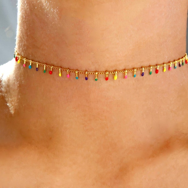 silver or gold multicolor stainless steel gold choker necklace, rainbow color dainty choker, rainbow bead choker, dainty multicolor bead