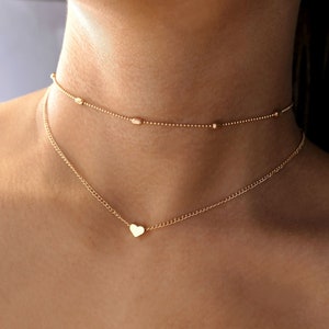 gold or silver heart choker necklace, dainty simple elegant delicate tiny 2 layered double layer stacking heart chokers, heart jewelry