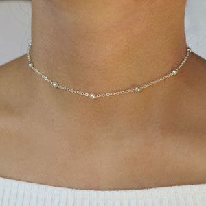 dainty silver satellite choker, delicate minimal simple thin strand chokers, light white silver trendy ball cute necklace jewelry gift gifts