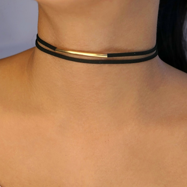 silver or gold bar suede choker / black leather choker / black velvet choker/black suede choker / classy choker / double black choker