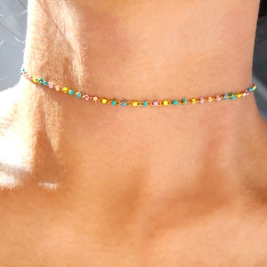 dainty pastel multicolor stainless steel satellite chain choker, thin delicate rainbow multi color pastel pink blue necklace, gift jewelry