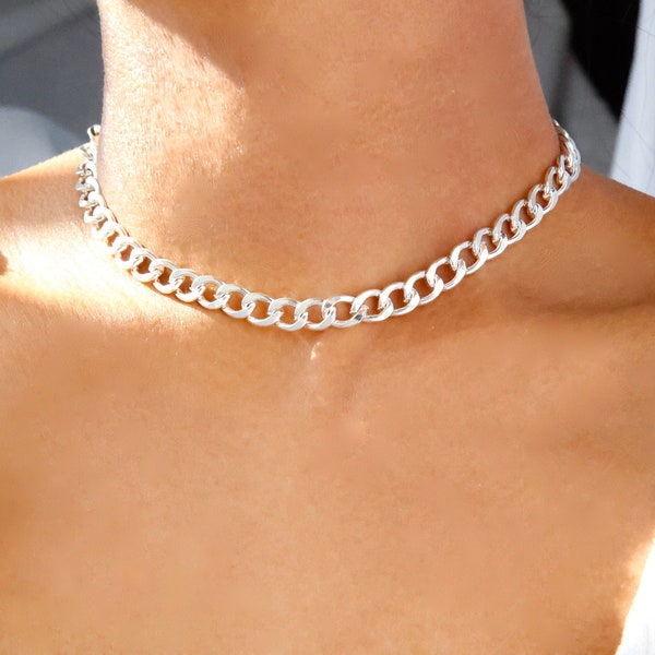 silver curb chain choker necklace / simple silver curb chain / chunky silver curb chain / thick silver chain necklace / thick silver choker