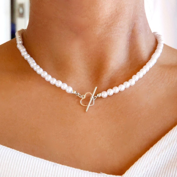 heart toggle simulated pearl necklace / pearl choker toggle / pearl necklace with silver toggle / pearl necklace silver heart / pearl gift