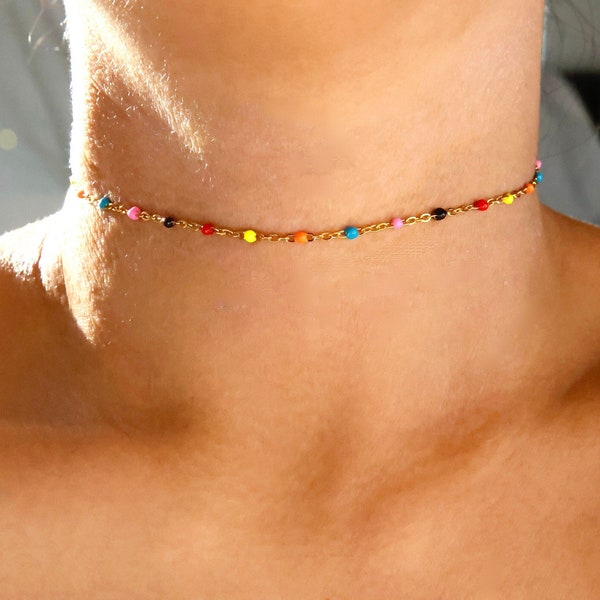 dainty rainbow stainless steel satellite choker / gold multicolor choker / silver multicolor choker / rainbow bead choker/multi color choker