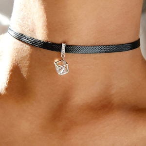 diamond cube charm leather choker / black choker silver charm / black leather choker / cube charm choker / diamond charm choker / gift