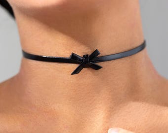 Dainty Black Bow Choker: Leather Ribbon Thin Choker
