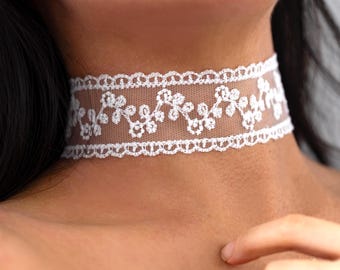 White Wide Floral Lace Choker: Thick Bridal Style Chokers