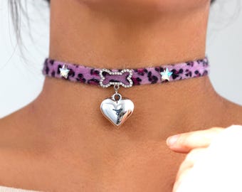 Y2K Faux Fur Leopard Print Chokers Purple Pink w/ Star, Bone, Dangling Puffy Heart Charm