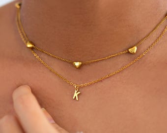 Dainty Hearts Initial Necklaces: 316L Stainless Steel Double Layered Heart Letter Necklace Set Gold, Silver