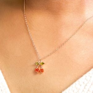 dainty rose gold cherry necklace / dainty cherry pendant necklace / cherry diamond necklace / cherry necklace gift / red cherry pendant image 1