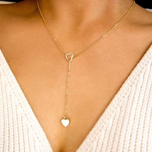 dainty heart lariat necklace / dainty y necklace / dainty heart necklace / gold lariat necklace /silver lariat necklace/long dainty necklace