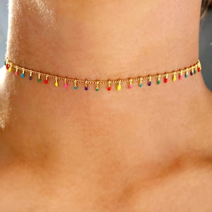silver or gold multicolor stainless steel gold choker necklace, rainbow color dainty choker, rainbow bead choker, dainty multicolor bead