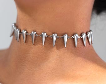 Silver Spikes Choker: Stainless Steel Large Spiked Rivet Chokers in Gold, Silver