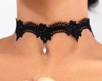 Black Lace Choker with Charm: Floral Chokers Dangling Marquise Diamond Pendant, Black or White