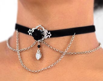 Victorian Style Drape Chain Choker: Black Velvet Rose Chokers Hanging Silver Chains Teardrop Charm