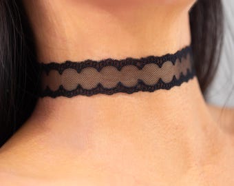 Black Mesh Lace Choker: Scalloped Sheer Trim Chokers, Black or White