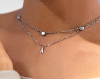 Dainty Hearts Initial Necklaces: 316L Stainless Steel Double Layered Heart Letter Necklace Set Gold, Silver