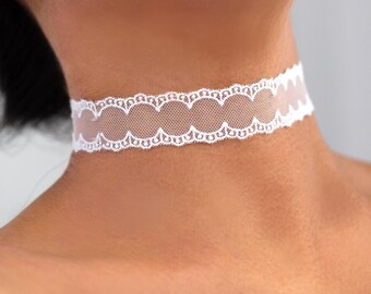 White Mesh Lace Choker: Scalloped Sheer Trim Chokers, Black or White