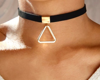 triangle black suede choker / black suede choker charm / black velvet choker / black choker bar / luxurious black choker / black choker gift