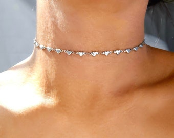 stainless hearts choker necklace, dainty silver repeating heart station jewelry, unique trendy cute gift for her y2k kawaii thin chain steel