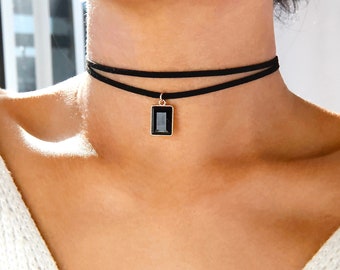 layered suede choker with rhinestone charm / black choker charm / black layered leather choker / black velvet chokers / harajuku choker/gift