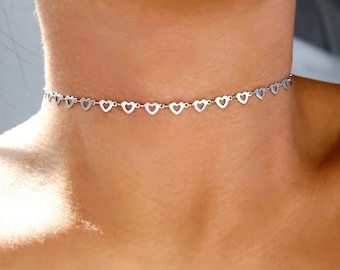 stainless steel hearts silver choker / repeating heart silver choker / dainty silver heart choker / tiny silver hearts choker / cute heart