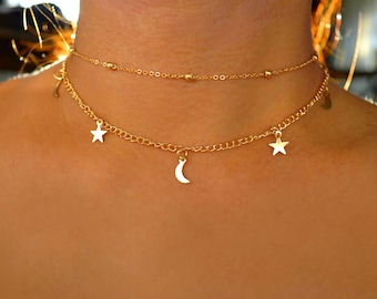 gold moon and star necklace / gold moon choker / gold star choker / moon and star choker / moon necklace / star necklace / celestial / gold