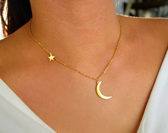 Étoile de lune dorée en acier inoxydable / Collier lune et étoile / Collier étoile en or / Collier lune en or / Collier céleste / Bijoux lunaires/Délicieux