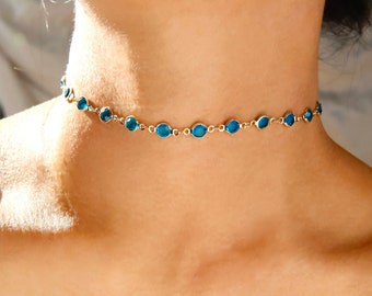 elegant blue rhinestone choker / blue cz crystal choker / blue cz gemstones choker / dainty blue gem choker / sea blue stones choker / gift